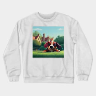 Brown and white Sausage Dog playing in the garden Crewneck Sweatshirt